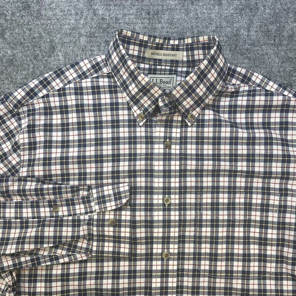 LL Bean Shirt Men Medium Tall Blue Plaid Office Preppy Holiday Brushed Cotton